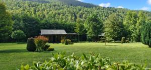 a house in the middle of a green field with trees at Dos Oregones Caburgua in Caburgua