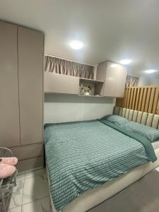 a bedroom with a bed with a green comforter at Studio Moderne et Parking gratuit in Dijon