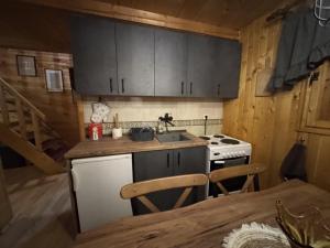 Il comprend une cuisine équipée d'un évier, d'une cuisinière et d'une table. dans l'établissement Cottage Walnut, à Kolašin