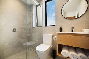 a bathroom with a toilet and a sink and a mirror at The Huts at Lakes Edge in Lake Tekapo +35 photos