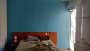 a bedroom with a bed with a blue wall at Mansão gata gaiatta in Belém +28 photos