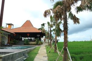a house with palm trees in front of a rice field at Kampung Canggu in Canggu