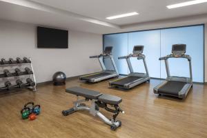 a gym with several tread machines and a flat screen tv at AC Hotel by Marriott Louisville Downtown in Louisville