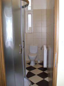 a small bathroom with a toilet and a checkered floor at Apartment Irene in Poznań