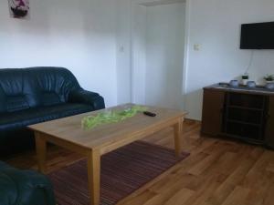 a living room with a coffee table and a couch at Monteurwohnung Langelsheim max 3 Personen in Langelsheim