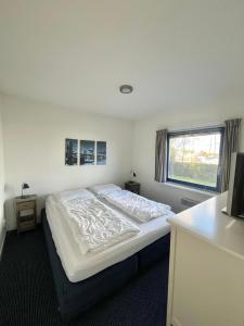 a bedroom with a bed and a desk and a window at 6pers Modern harbor house Jasmijn with fenced garden and lake view in Anjum