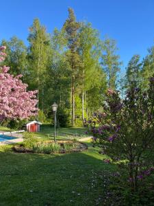 a garden with pink flowering trees and a smallshed at Charming property with private pool in Märsta