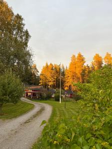 a dirt road with trees and a house in the background at Charming property with private pool in Märsta