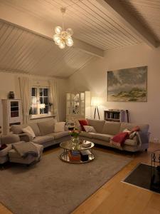 a living room with a couch and a table at Charming property with private pool in Märsta