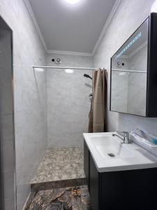 a bathroom with a sink and a shower with a mirror at MARAL GuestHouse in Karakol