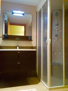 a bathroom with a shower and a sink and a mirror at Apartament Escaladei in Escaladei