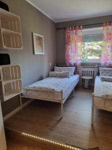 Un dormitorio con dos camas y una ventana. en Eure Auszeit überm See, en Markdorf
