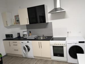 a kitchen with a sink and a washing machine at Gewerbewohnung für Monteure und Geschäftsreisende in Itzehoe