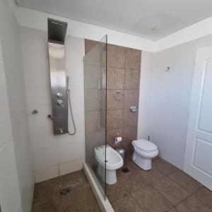 a bathroom with a toilet and a glass shower at Apartamento Paris con 2 habitaciones in San Luis +9 photos
