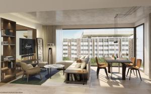 a rendering of a living room and dining room at Fairmont Golden Prague in Prague
