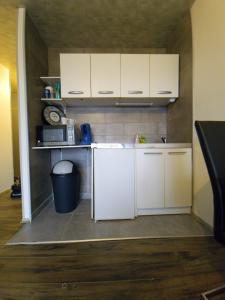 een kleine keuken met witte kasten en een vuilnisbak bij Belle vue appart in Saint-Louis