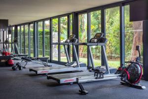 a row of tread machines in a gym with windows at Tivoli Marina Vilamoura in Vilamoura