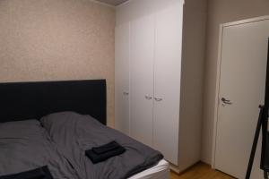 1 dormitorio con 1 cama y 2 armarios blancos en Luxury apartment with sauna, grill and garage, en Tampere