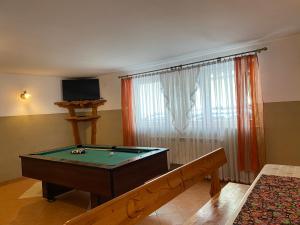a room with a pool table and a window at Wynajem Pokoi - Halina i Wiesław Furczoń in Groń