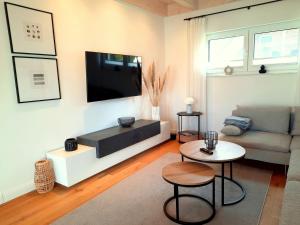 KrumminFerienhäuser Ankerplatz 1 und 2 Usedom mit Sauna, Kamin und Garten的客厅里有一张沙发和一台电视