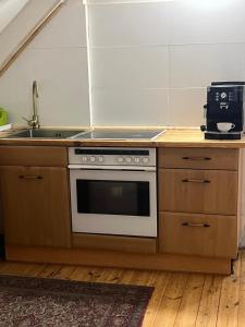 a kitchen with a stove and a sink at Rim Ferienwohnung 4 Zimmer 3 Schlafzimmer 1 Wohnzimmer 2 Toiletten mit Dusche inLauchhammer Dachgeschoss 100 qm in Lauchhammer +7 photos