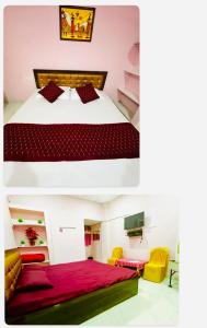 two pictures of a bedroom with a bed and chairs at Hotel Tathastu in Rāmtek