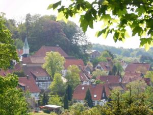 eine Gruppe von Häusern mit roten Dächern in einer Stadt in der Unterkunft Ferienwohnung Schau ins Land in Tecklenburg
