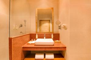 廷布Lemon Tree Resort, Thimphu, Bhutan的带水槽和镜子的浴室