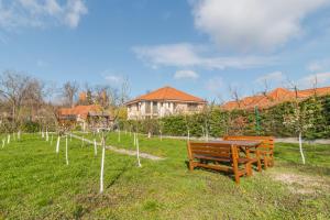 a wooden bench sitting in a field with trees at Thermalis House, 5 bedrooms in Baile Felix
