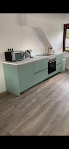 a kitchen with a stove and a counter top at Ferienwohnung am Bürgerpark in Bremerhaven