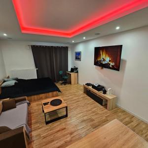 Televízia a/alebo spoločenská miestnosť v ubytovaní Apartament Tęczowy
