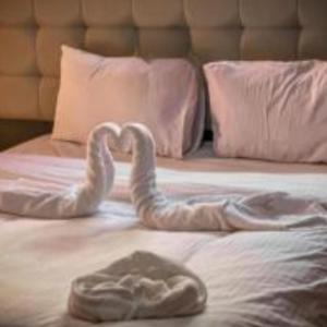 two swans are forming a heart on a bed at Traditions of Wadi Rum camp & jeep tour in Wadi Rum