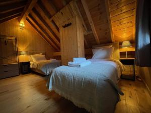 Un dormitorio con dos camas en un ático. en Oisans Vacances Gîte Vermarine, en Allemont 24 fotos más
