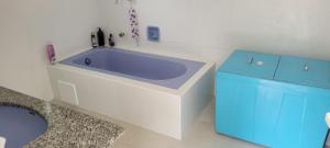 a bathroom with a blue tub and a washing machine at Sítio com Casa de Madeira com 2 quartos 100m2 px Centro de Salesópolis in Salesópolis