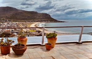 a balcony with potted plants and a view of a beach at Watching Waves, Heron Chase in Fish hoek