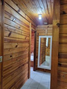 a room with wooden walls and a mirror at Sítio com Casa de Madeira com 2 quartos 100m2 px Centro de Salesópolis in Salesópolis