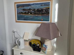 バダンにあるCharmant T3 plain-pied avec terrasse privée, parking gratuit et piscine à Badenの絵とラジオが置かれたテーブルの上のランプ