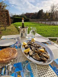 バダンにあるCharmant T3 plain-pied avec terrasse privée, parking gratuit et piscine à Badenの牡蠣一皿とワイン一本