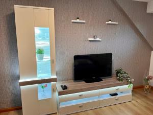 a flat screen tv sitting on top of a entertainment center at Ferienwohnung Götel in Gladbeck