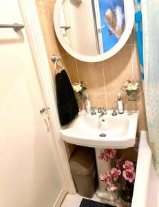 a bathroom with a sink and a mirror at 2 bed flat near to Tower Bridge in London