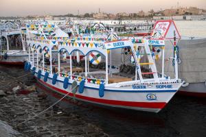 a group of boats are docked in the water at Queen Sophie in Luxor