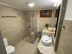 a bathroom with a shower and a toilet and a sink at Elsa's Poem in Paralia Katerinis +14 photos