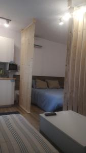 a bedroom with a bed with wooden dividers at Estudio completo a estrenar en Triana in Seville