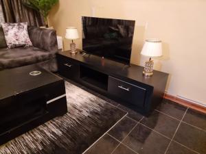 Una sala de estar con un sofá y un televisor de pantalla plana. en The Leafy Haven, en Harare
