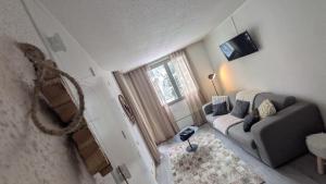 a living room with a couch and a tv at L'Oursina in Chamonix