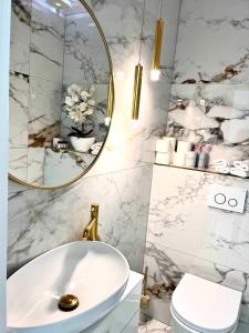 a bathroom with a sink and a mirror at LUMAX Studio in Gryfice +14 photos