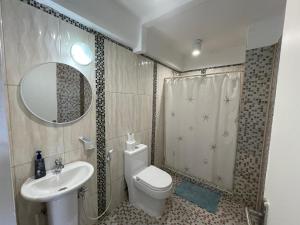 a bathroom with a toilet and a sink and a mirror at Apartamento VistaMar in La Guaira