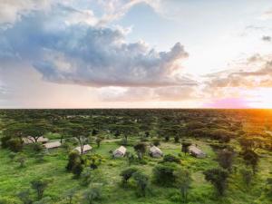 an aerial view of a field with trees and houses at Africa Safari South Serengeti Ndutu Camping in Sinoni