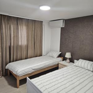 a bedroom with two beds and a window at Diamond House Rent -vikendica sa privatnim bazenom in Beška +107 photos