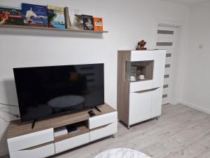 a living room with a flat screen tv on a entertainment center at Naujojo uosto butas in Klaipėda